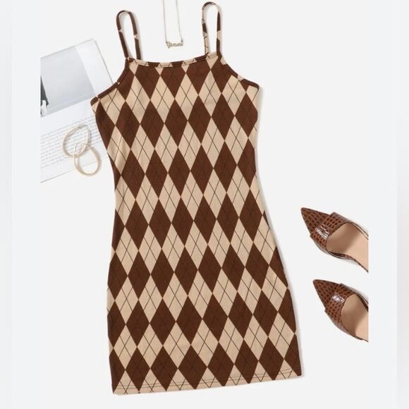 SHEIN Halter Brown Argyle Mini Dress Adjustable Straps Size L 8/10 - Picture 3 of 10